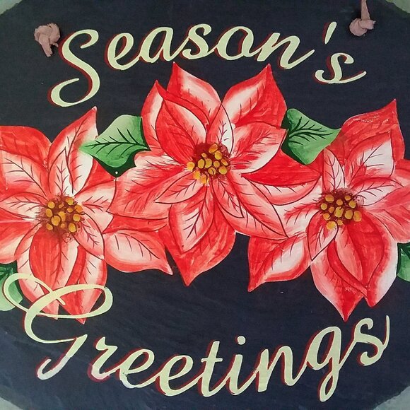 Christmas Painted Slate "Season's Greetings" Red Poinsettias 12 3/4" x 9 3/4" - Picture 3 of 10